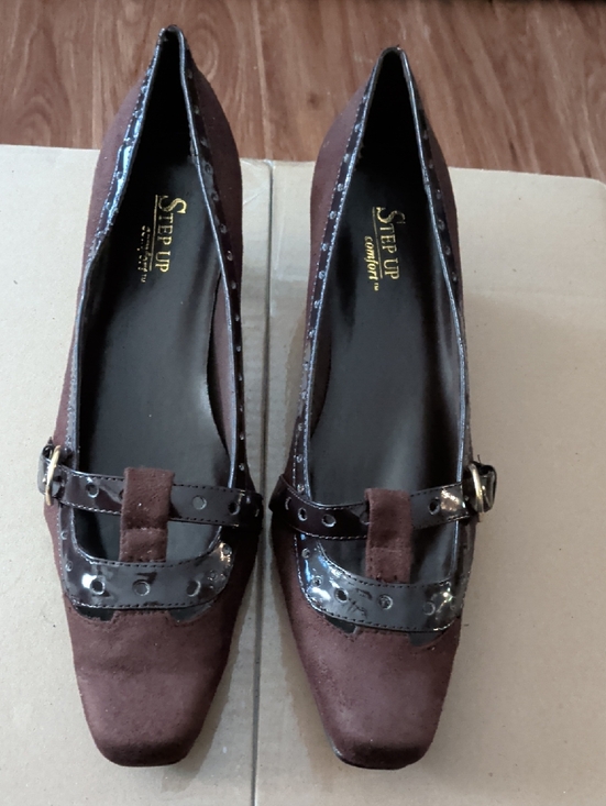 Comfort Shoes - Step Up Comfort Women's Brown Suede Heels with Patent Trim